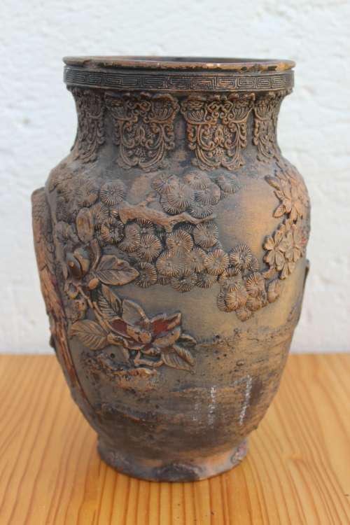 Antique japanese earthenware vase with predatory bird and pheasants in high relief 25cm tall x 15cm