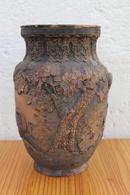 Antique japanese earthenware vase with predatory bird and pheasants in high relief 25cm tall x 15cm