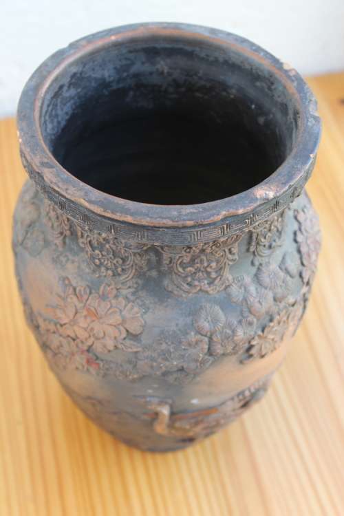 Antique japanese earthenware vase with predatory bird and pheasants in high relief 25cm tall x 15cm