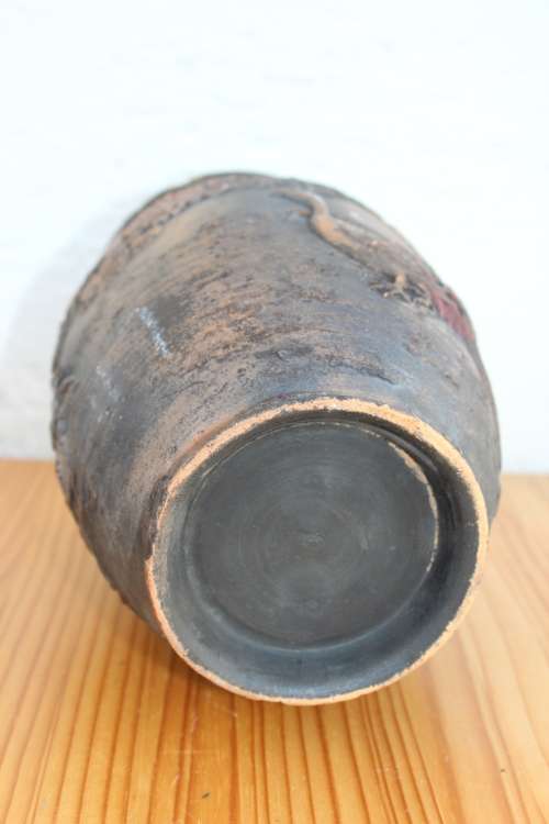 Antique japanese earthenware vase with predatory bird and pheasants in high relief 25cm tall x 15cm