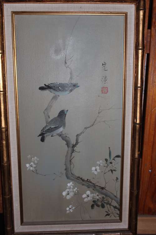 Vintage Oil on Canvas Oriental Bird Painting Signed and Date Stamped by artist 71cm x 41.5cm