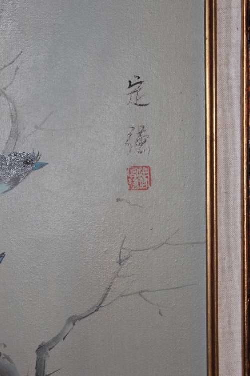 Vintage Oil on Canvas Oriental Bird Painting Signed and Date Stamped by artist 71cm x 41.5cm