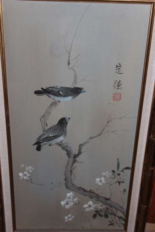 Vintage Oil on Canvas Oriental Bird Painting Signed and Date Stamped by artist 71cm x 41.5cm
