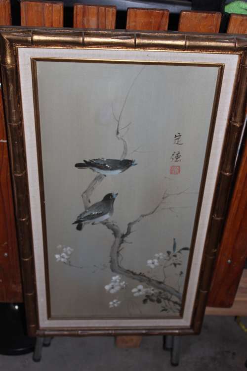 Vintage Oil on Canvas Oriental Bird Painting Signed and Date Stamped by artist 71cm x 41.5cm