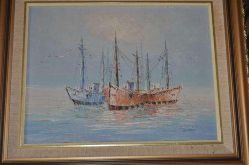 OIL ON BOARD  HARBOR SCENE IN BEAUTIFUL GOLDEN FRAME!!!!