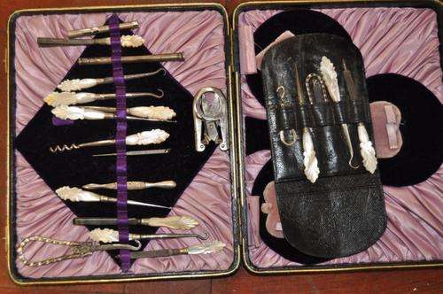 WOW!!! BIG COLLECTION OF VICTORIAN SEWING TOOLS,MOTHER OF PEARL HANDLES IN BOX