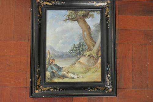 FANTASTIC FRENCH 19 CENTURY OIL ON COPPER, HUNTER SCENE,AMAZING HAND PAINTED FRAME!!!!