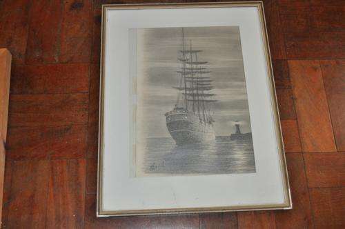 FANTASTIC PENCIL DRAWING-HARBOR  AND SHIP,SIGNED BY ARTIST