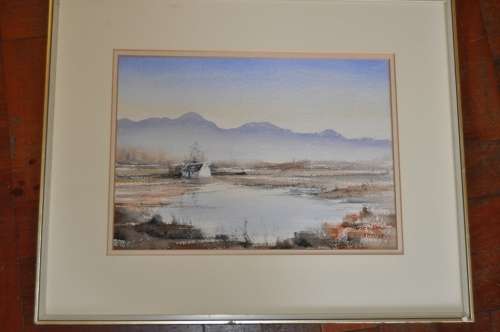 ORIGINAL WC,LAKE AND COTTAGE SCENE,SIGNED BY ARTIST