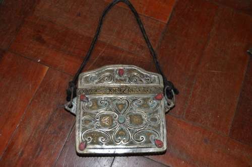 OLD ORIENTAL BRASS HAND PURSE ,SILVER INLAID-LOOK PICTURES!!!
