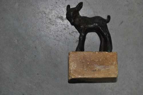 SMALL BRONZE FIGURINE OF LAMB ON STONE BASE,UNSIGNED