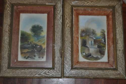 PAIR OF VICTORIAN OIL ON PORCELAIN PLATES,OAK FRAMED,SIGNED,DATED 1884