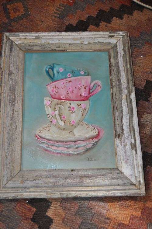 OIL ON BOARD ,STILL LIFE ,SIGNED DEWEY-IN STYLISH RUSTIC FRAME