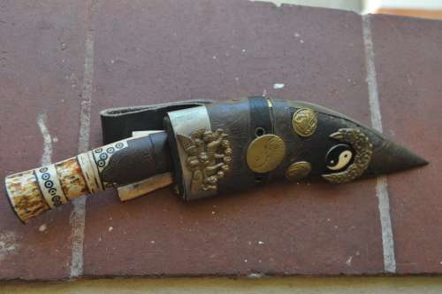 VINTAGE ORIENTAL DAGGER,BONE HANDLE,LEATHER SCUBBARD