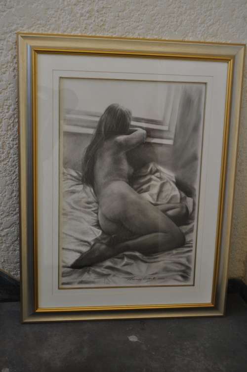 VERNON SWART, SA Born 1958 - "Female Nude" - Charcoal on paper" framed behind glass
