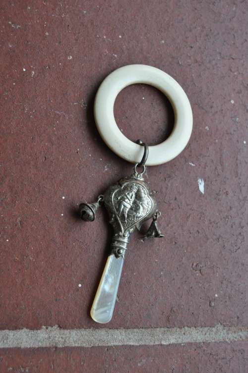 RARE!!!! STERLING SILVER AND MOTHER OF PEARL BABY RATTLE,HALLMARK