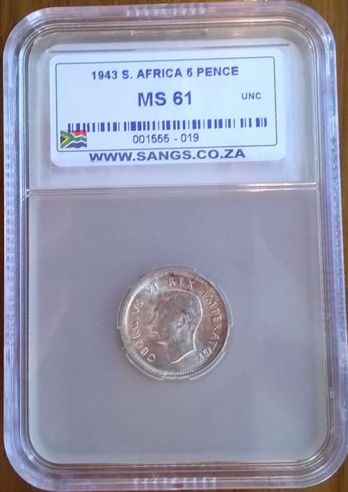 1942 SA SIXPENCE SANGS SLABBED MS 61. HERNS VALUE IN UNC R1200.00