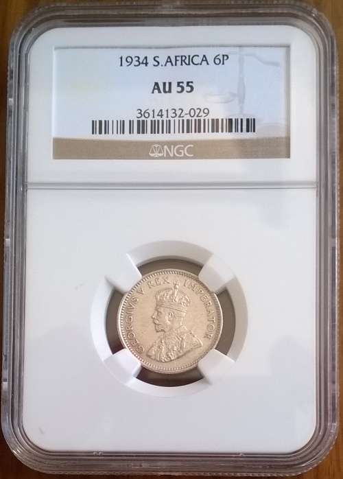 1934 SILVER 6 PENCE NGC GRADED AU55 HERNS VALUE R 2500.00