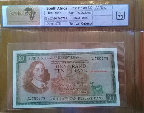 1975 SA TW DE JONGH 3RD ISSUE R10 Note SANGS GRADED GEM UNC 70 !!!  PERFECT!!!!