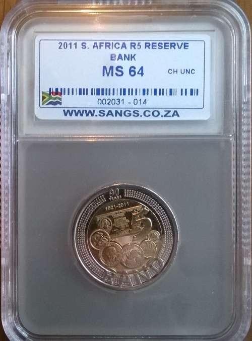 2011 RSA 5 RAND 90TH ANNIVERSARY 0F THE RESERVE BANK SANGS GRADED MS 64