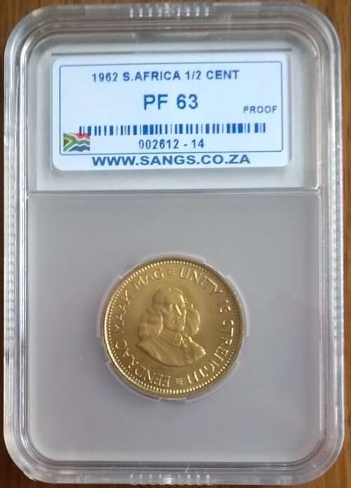 1962 HALF CENT SANGS SLABBED PROOF 63   ONLY 3844 MINTED IN PROOF