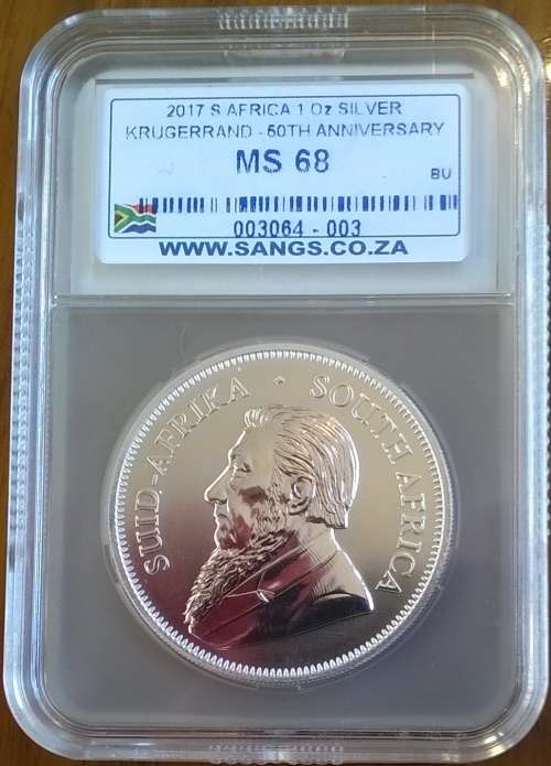 2017 SA 1 OZ SILVER KRUGERRAND WITH 50 YEAR ANNIVERSARY MINTMARK SANGS GRADED MS 68!!  HIGH GRADE!!!
