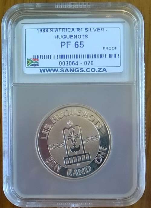 1988 RSA SILVER LES HUGUENOTS R1 SANGS SLABBED PROOF 65