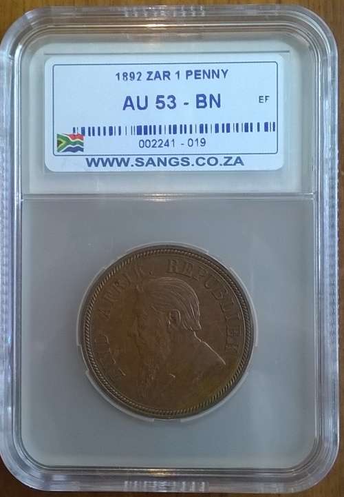1892 ZAR 1 PENNY SANGS SLABBED AU 53 BN HERNS VALUE IN EF R 4000.00