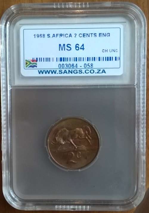 1968 RSA ENGLISH 2 CENT SANGS SLABBED MS 64