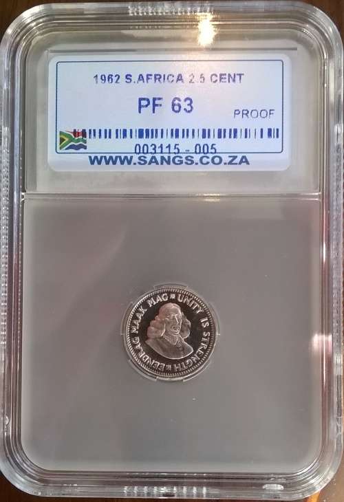 1962 SA SILVER 2 AND A HALF CENT SANGS GRADED PROOF 63  ONLY 3844 MINTED