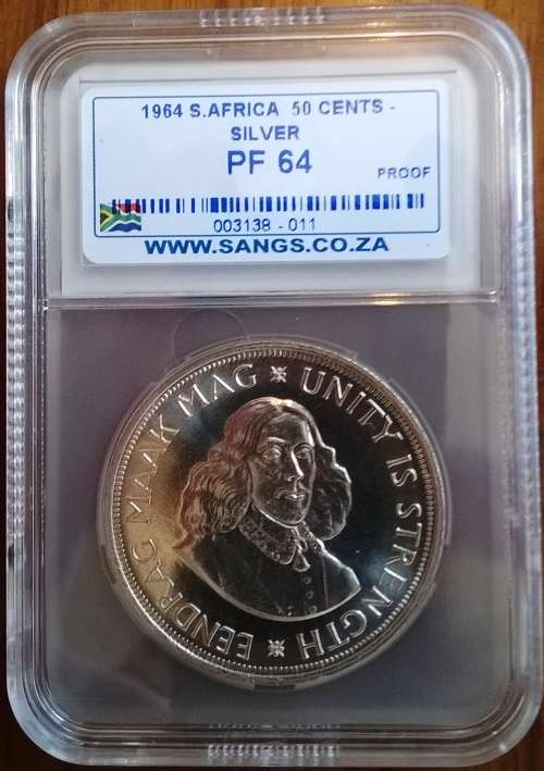 1964 SA SILVER 50 CENT SANGS GRADED PROOF 64