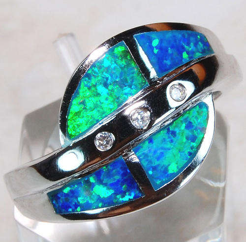 Australian Opal,White Topaz & 925 Solid Sterling Silver Ring Size 8