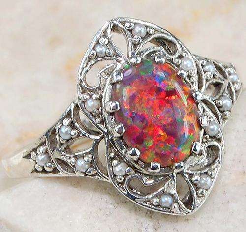 Red Opal, Seed Pearl & 925 SOLID STERLING SILVER ring, size 6.5