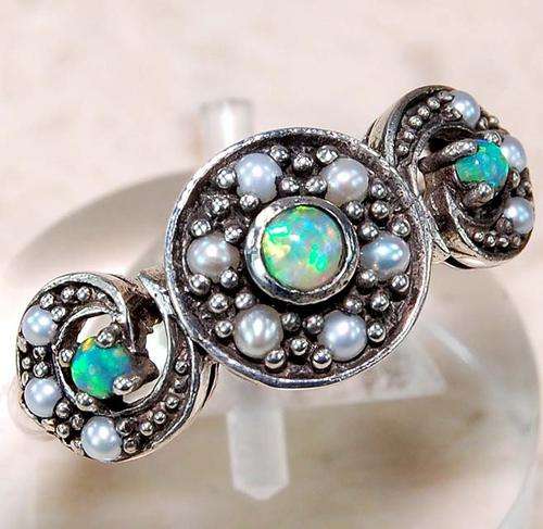 Green Fire Opal SEED PEARL & 925 SOLID STERLING SILVER Ring, size 6.5.