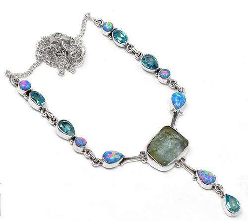 ROUGH AQUMARINE, BLUE TOPAZ & FIRE OPAL .925 STERLING SILVER NECKLACE