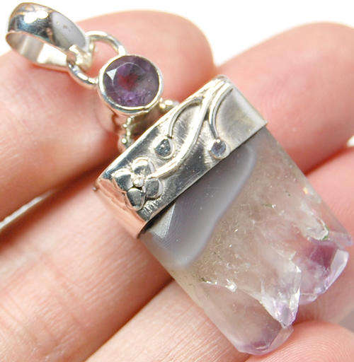 FLUORITE CRYSTAL & AMETHYST .925 STERLING SILVER PENDANT