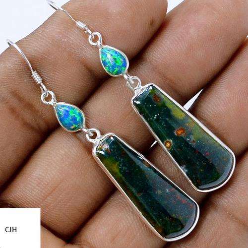 BLOOD STONE & FIRE OPAL .925 STERLING SILVER EARRINGS