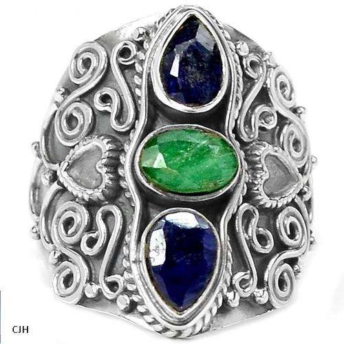 INDIAN SAPPHIRE & EMERALD .925 STERLING SILVER RING SIZE 6.5