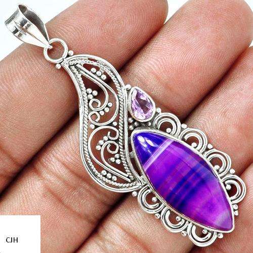 PURPLE BOTSWANA AGATE & AMETHYST .925 STERLING SILVER PENDANT