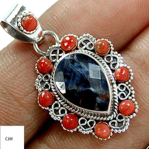 PIETERSITE & RED CORAL .925 STERLING SILVER PENDANT