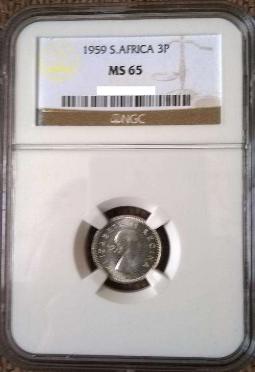 1959 3 PENCE NGC SLABBED MS65- SECOND BEST!!  10 COINS GRADED HIGHER