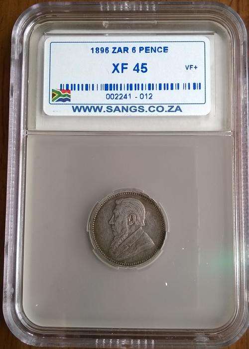 1896 ZAR 6 PENCE SANGS SLABBED XF45