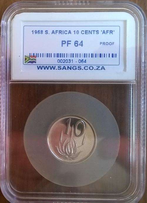 1968 RSA AFRIKAANS 10 CENT SANGS SLABBED PROOF 64