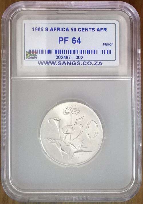 1965 RSA AFRIKAANS 50 CENT SANGS SLABBED PROOF 64  ONLY 24988 MINTED