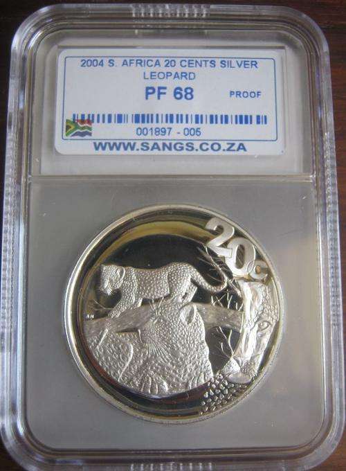 2004 RSA LEOPARD SILVER 20 CENT  SANGS SLABBED PROOF 68