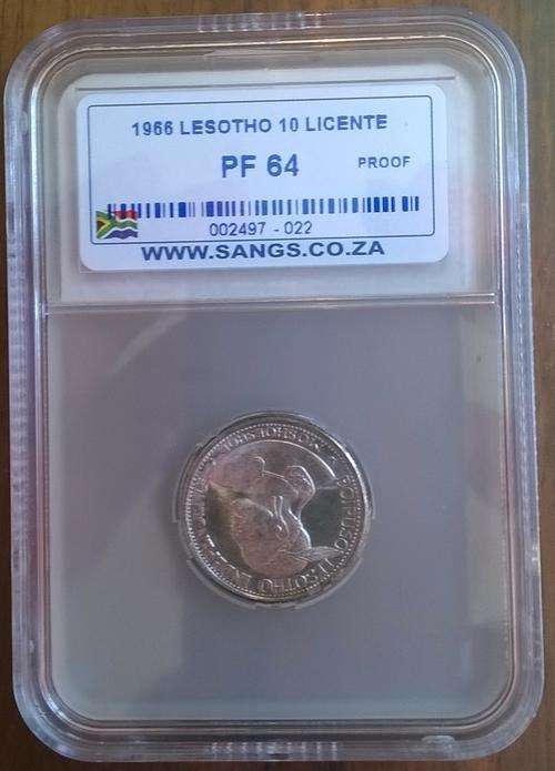 LESOTHO 1966 .900 SILVER 10 LICENTE SANGS GRADED PROOF 64