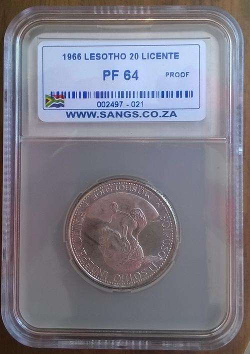 LESOTHO 1966 .900 SILVER 20 LICENTE SANGS GRADED PROOF 64