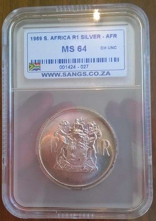 1969 RSA SILVER AFRIKAANS R1 SANGS SLABBED MS 64