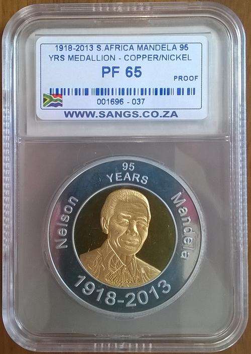 1918-2013 MANDELA 95 YEARS BI METAL MEDALLION SANGS GRADED PROOF 65!!!