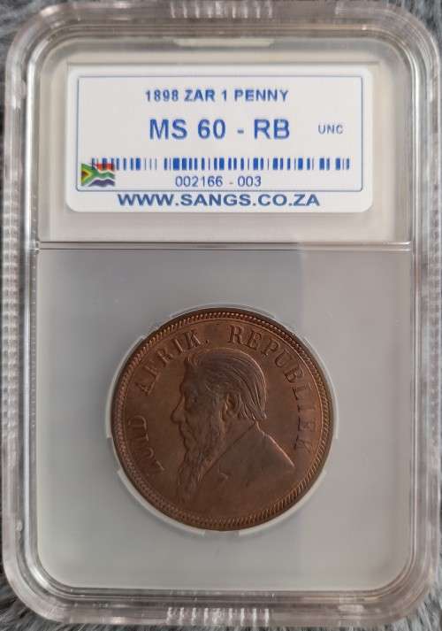 1898 ZAR 1 PENNY SANGS GRADED MS 60 RB